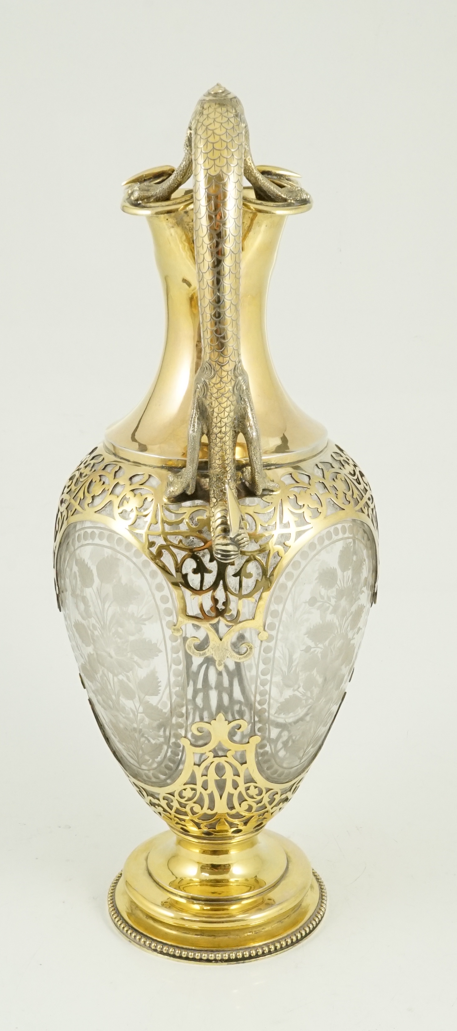 A good Victorian silver gilt mounted etched glass claret jug, by Goldsmiths Alliance